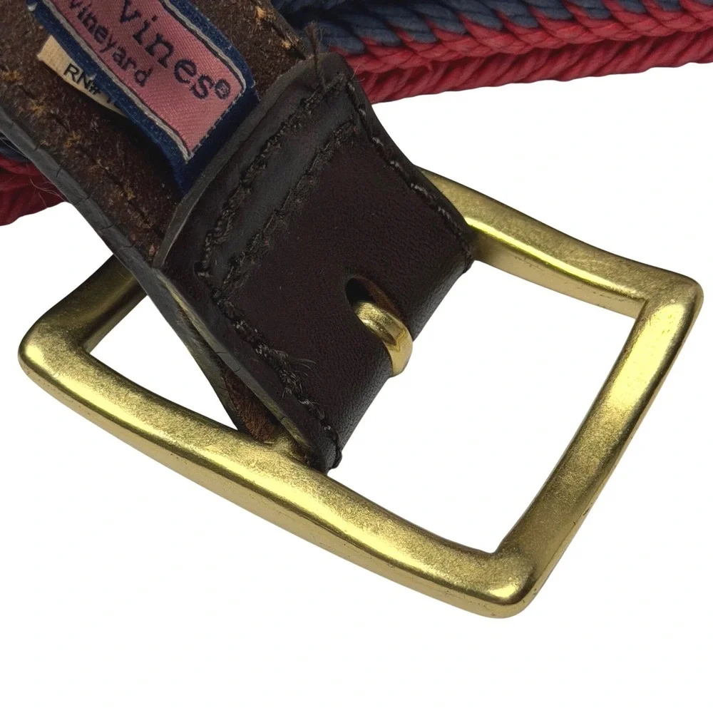 Vineyard Vines Mens Braided Woven Belt Sz‎ 30 USA Red White Blue w/ Leather Trim